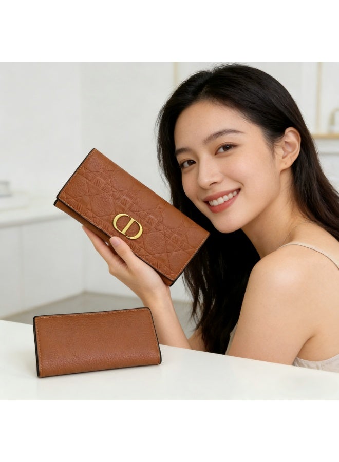 Diorra Women's long yellow quilted flap wallet with metal clasp, leather clutch - Image 2
